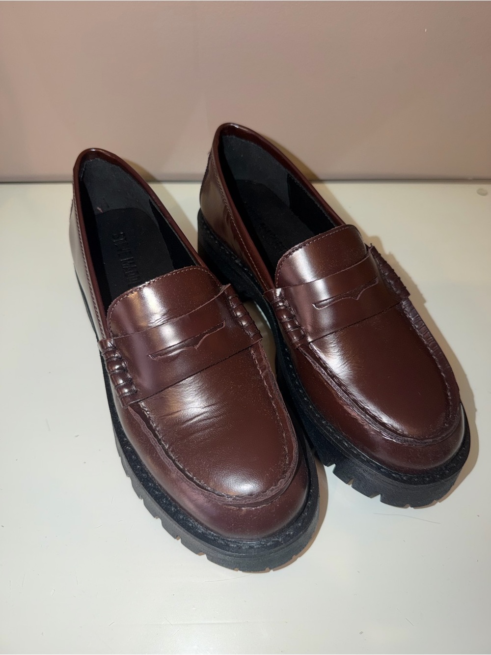 Steve Madden Women's Brown/Burgundy  Leather Lug Sole Penny Loafers